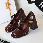 Retro High Heels Shoes Chunky Heel High Heel Waterproof Platform Metal Buckle Ankle Strap Shoes